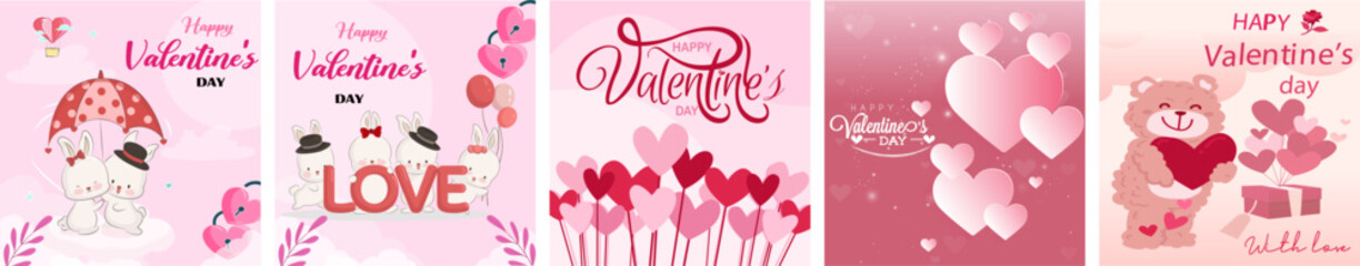 Valentine poster template vector bundle set. 3d red and pink paper hearts with frame on geometric background. 