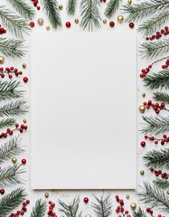 Clean Christmas Greeting Card with Empty White Center and Delicate Pine Branch Border with Red Berries