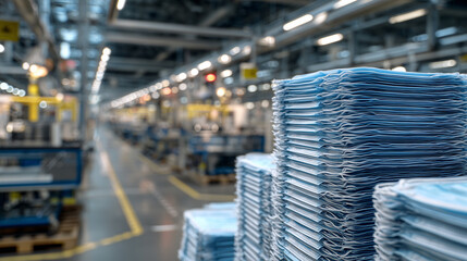 Perspective view of respirator racks, multiple levels of masks neatly aligned, factory pipelines and equipment blurred in background, textures of mask filters and straps highlighte