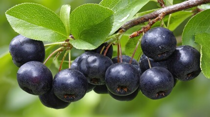 A Cluster of Small, Round, Dark Berries Hanging From a Green Branch with Lush Leaves