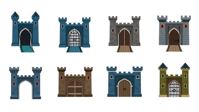 Collection of illustrated medieval castle gatehouse designs perfect for fantasy games