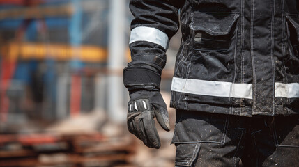 Macro view of fire-resistant gloves, suit, and SCBA, close-up on stitching, buckles, and textured surfaces, industrial equipment softly blurred for context