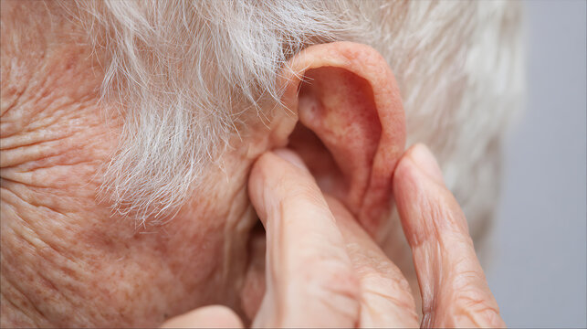 Elderly person with white hair gently touching their ear, possibly due to hearing issues. Close-up highlighting skin texture and concern about a potential health problem.