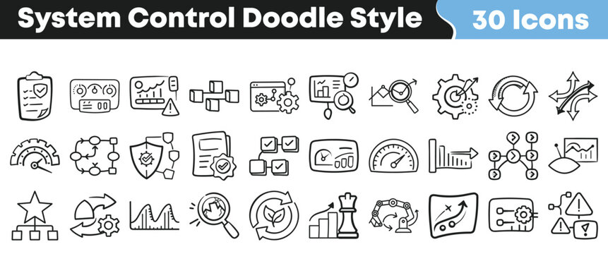 Thirty hand drawn doodle style icons representing system control process management workflow and analysis on transparent background