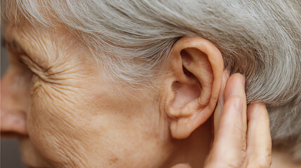 Senior woman experiences hearing difficulties. Her grey hair frames her face as she touches her ear, symbolizing age-related health concerns and the quest for well-being.