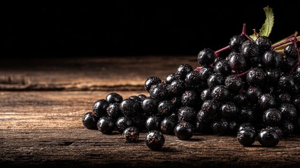 A pile of ripe, dark elderberries clustered on a rustic wooden surface, showcasing their natural beauty and texture.