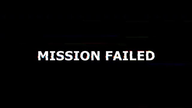 mission failed text Glitch effect animation. isolated on black background. Text Effect for Video Game Streams. 4K video.
