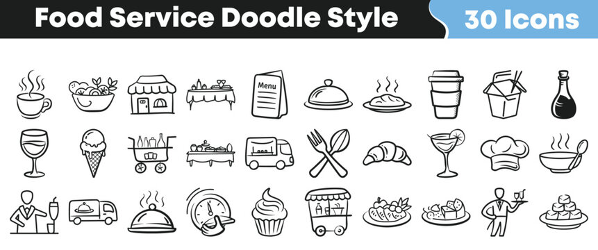 Collection of thirty unique hand drawn food service and restaurant icons designed in a fun doodle style on transparent background