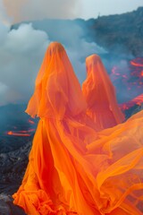 Fototapeta premium Dos figuras vestidas de naranja frente a un río de lava, Mujeres con túnicas naranjas en un paisaje volcánico, Editorial de moda de alta costura con lava y volcanes
