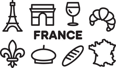 France country line icons set. eiffel tower, arc de triomphe, wine glass, croissant, fleur de lis, beret, baguette, map outline © Pappu0099