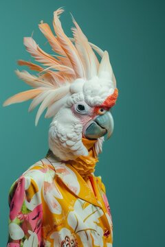 Persona con cabeza de cacat&uacute;a y traje floral sobre fondo turquesa, Recurso visual editorial para moda luxury y eventos creativos, Dise&ntilde;o de personaje abstracto para campa&ntilde;a publicitaria surrealista