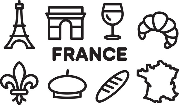 France country line icons set. eiffel tower, arc de triomphe, wine glass, croissant, fleur de lis, beret, baguette, map outline