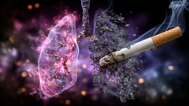 Macro medical illustration of lung damage, vivid pink healthy lung on one side, blackened tar-stained lung on the other, cigarette suspended centrally, highlighting smoking consequ