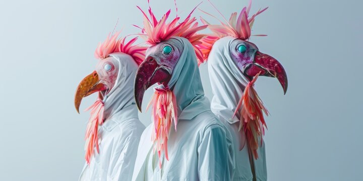 Tres personas con m&aacute;scaras de p&aacute;jaro ex&oacute;tico y plumas rosas, Mockup para portada de revista de arte y moda vanguardista, Editorial de moda: Personajes con m&aacute;scaras de p&aacute;jaros, fiestas paganas europa