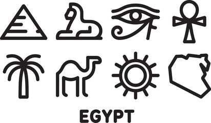 Egypt icon set featuring pyramid sphinx eye ankh palm tree camel sun map