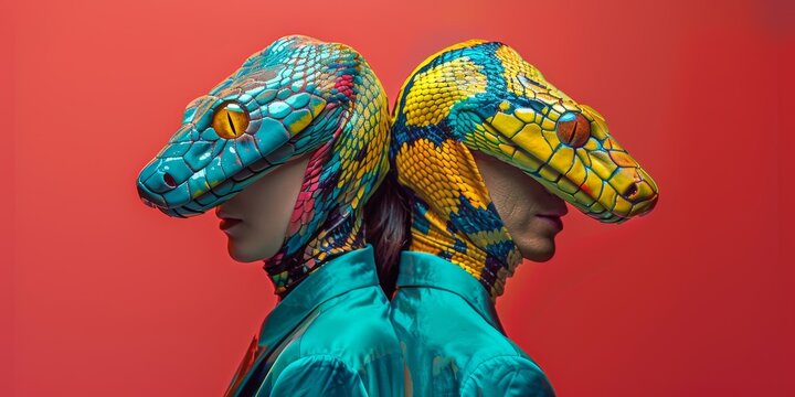 Retrato doble con tocado de serpiente multicolor, Dos personas con pintura corporal de serpiente, Imagen para editorial de moda arriesgada