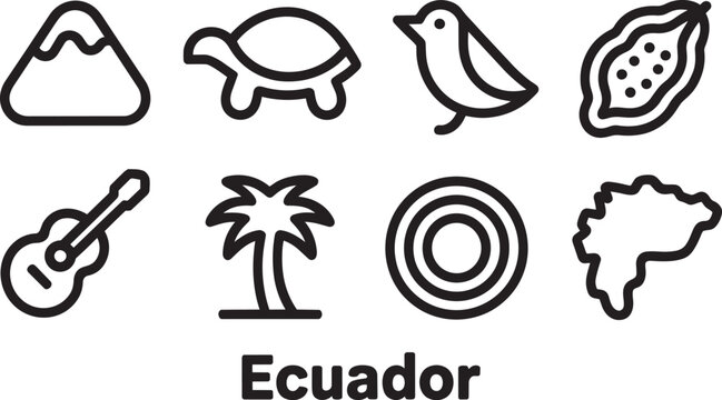 Ecuador line art icon set including mountains turtle bird cacao pod guitar palm tree map