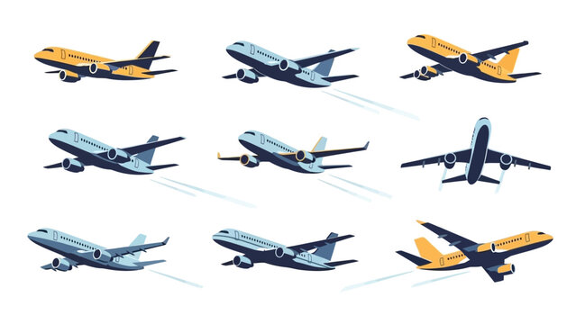 Collection of commercial airplane in different angles with yellow and blue color schemes minimal