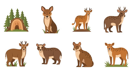 Fototapeta premium Collection of Adorable Cartoon Deers and Forest Elements Illustration Set Design