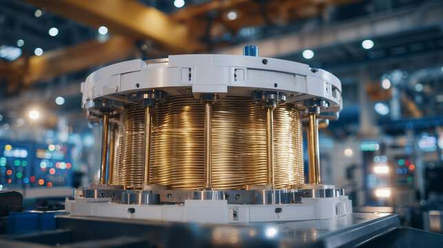 Extreme close-up of golden superconductor winding, coils gleaming under factory lights, steel and aluminum framework in soft focus, control panels hinting at modern power productio