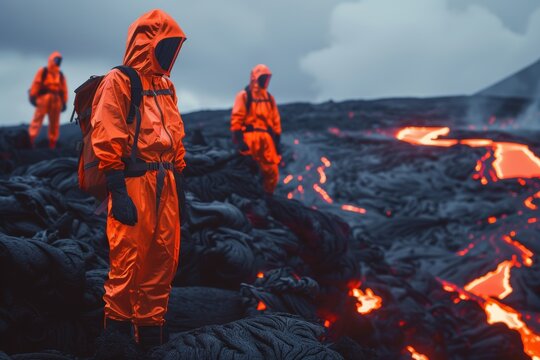 Personas con trajes de protecci&oacute;n naranja caminando sobre lava, Grupo de cient&iacute;ficos analizando un volc&aacute;n activo, Fondo para documental sobre desastres naturales, Imagen editorial sobre exploraci&oacute;n