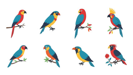 Colorful Cartoon Parrots Illustration with Various Species in a Row on White Background © Rrizki