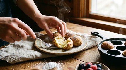 Close up of hands preparing freshly baked Danish Aebleskiver pastries with berries.