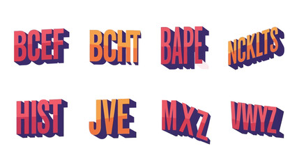 Dynamic uppercase letter groupings in vibrant gradient hues with bold extruded shadows for