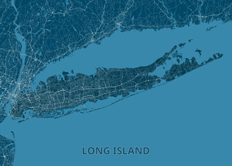 Map of Long Island and the surrounding areas, rendered in shades of blue. The landmasses are a darker blue, while the surrounding water is a lighter, brighter blue.