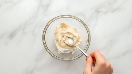 Mixing homemade sauce ingredients in a clear glass bowl with a spoon on a white marble countertop, creating a creamy, rich base for a delicious culinary creation.