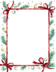 Clean White Christmas Card Design with Delicate Frame of Red Ribbons and Small Ornaments