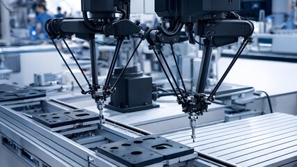 Robotic arm pick-and-place system for an electronic assembly line, used in smart technology manufacturing.