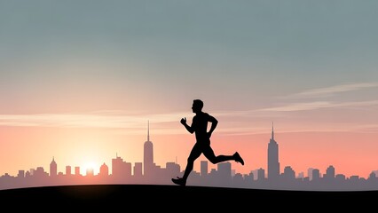 Silhouette of a determined man running against a vibrant city skyline during a beautiful sunset or sunrise