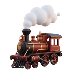 Vintage Red Steam Train With White Smoke Billowing From Chimney Isolated On Black