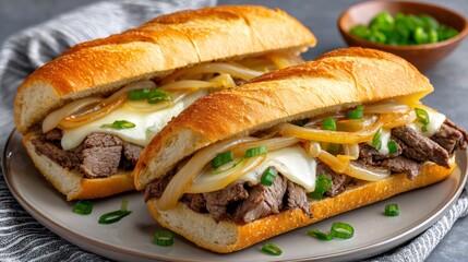 Philly style cheesesteak sandwiches are ready to eat on a plate