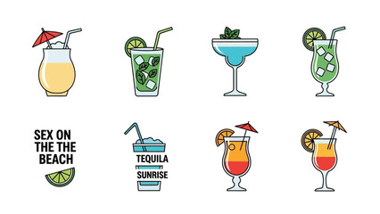 Colorful cocktail illustration featuring popular drinks like mojito sex on the beach and tequila