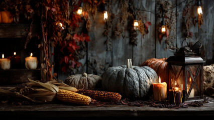 Rustic Thanksgiving still life with pumpkins, corn and candles