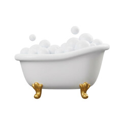 White Bathtub Filled With Bubbles And Golden Legs Isolated On Transparent Background