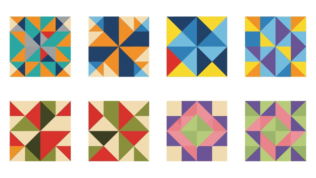 Geometric patchwork quilt design with diverse color palettes offering creative versatility