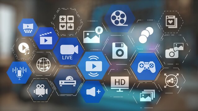 Multimedia technology with video, audio, photo and streaming icons representing digital media, communication and online platforms in a modern multimedia world. Gist - Powered by Adobe