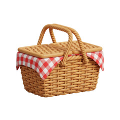 Woven Picnic Basket With Red White Gingham Cloth Lid Top Closed Outdoor Meal Container