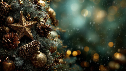 Close up Christmas tree decorations with star ornament