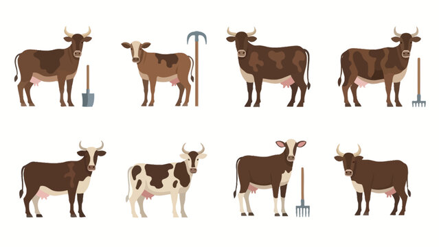 Collection of illustrated cows standing alongside farm implements for diverse use cases