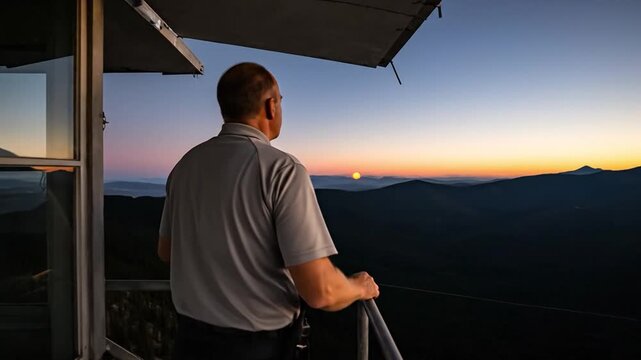 Firewatch Tower Worker Observing Sunset from Lookout Point in Mountainous Landscape