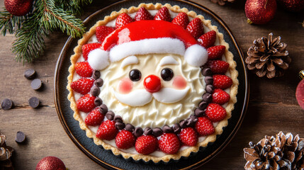 A Christmas-themed tart decorated with a Santa Claus face made of strawberry slices, whipped cream, and chocolate chips, set on a festive plate. 