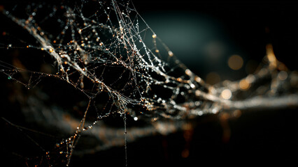 Macro spider web with dew drops on dark background