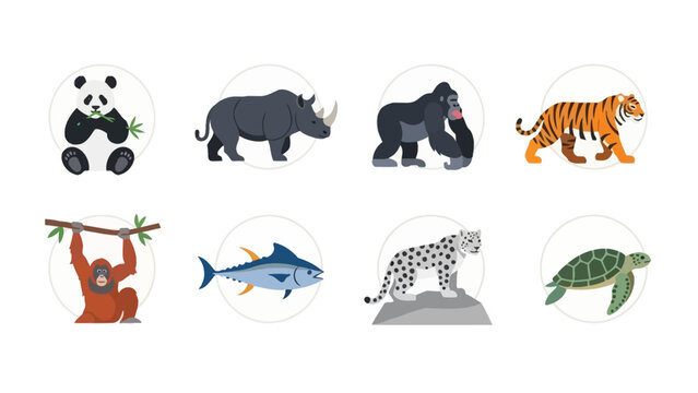 Diverse wildlife illustrations collection featuring mammals fish and a turtle in a cartoon style