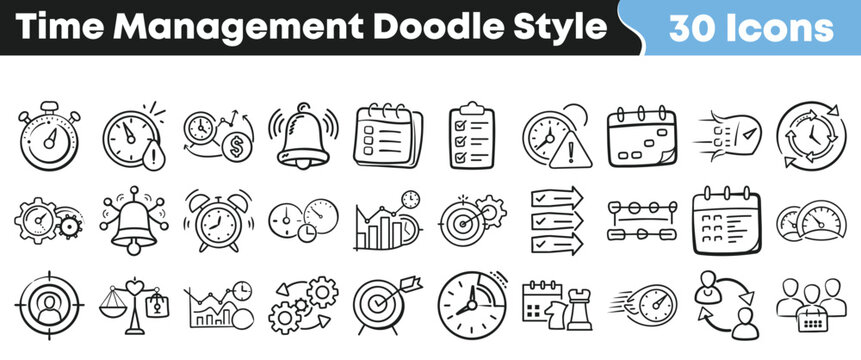 Collection of thirty hand drawn doodle style icons representing various concepts related to time management planning and deadlines on transparent background