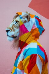 Retrato de le&oacute;n con sudadera de patchwork multicolor, Le&oacute;n con capucha geom&eacute;trica de colores sobre fondo rosa, Concepto creativo para marca de moda atrevida