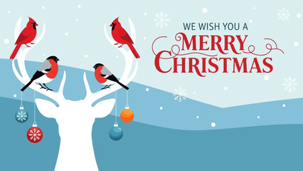Merry Christmas card with cardinals on antlers and ornaments vector